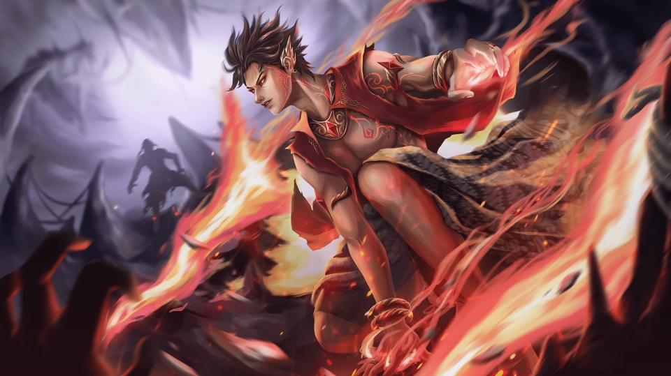 Ilustrasi digital karakter anime pria dengan pedang api di tangan, berlatar belakang kabut. Jasa ilustrasi digital, desain karakter anime, jasa gambar kartun, ilustrasi online.