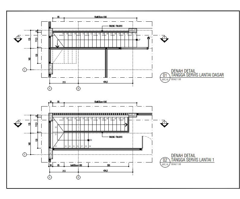 Jasa drafter autocad murah, denah detail tangga servis lantai dasar dan lantai 1, gambar autocad 3d freelance