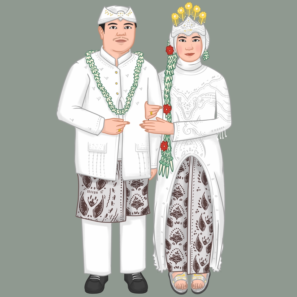 Ilustrasi pengantin pria dan wanita berpakaian adat Jawa, cocok untuk desain undangan pernikahan