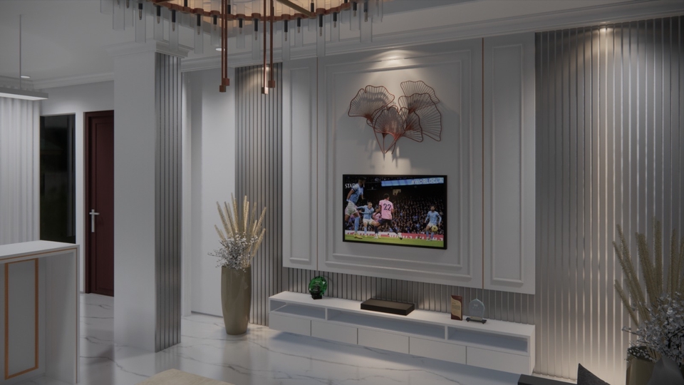 Desain interior ruang tamu dengan konsep modern minimalis, menampilkan TV dan sofa, cocok untuk jasa desain interior rumah