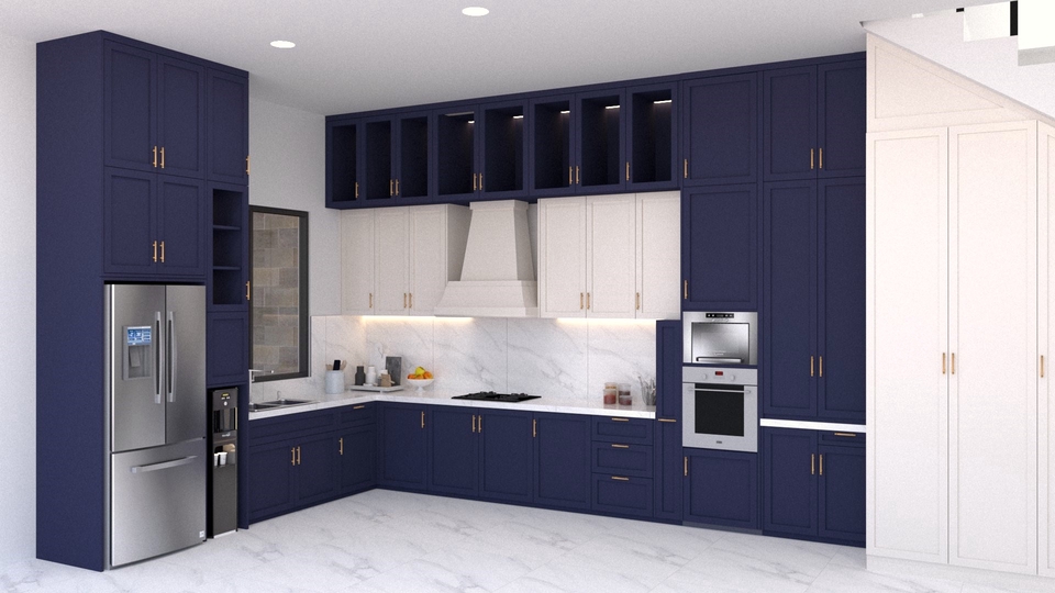 Desain interior dapur modern minimalis dengan kabinet biru dan putih