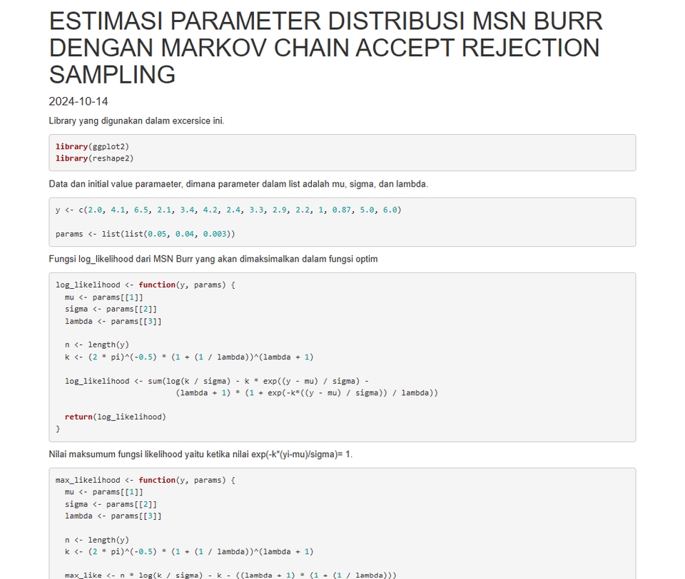 Analisis Statistik Distribusi MSN Burr dengan Markov Chain Accept Rejection Sampling menggunakan bahasa pemrograman R