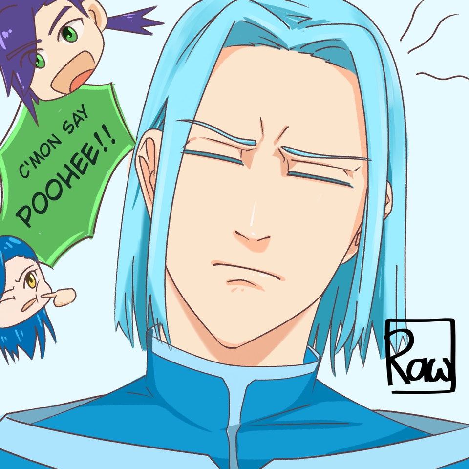 Ilustrasi kartun lucu dengan karakter pria berambut biru dengan ekspresi kesal, sedang melihat ke atas.