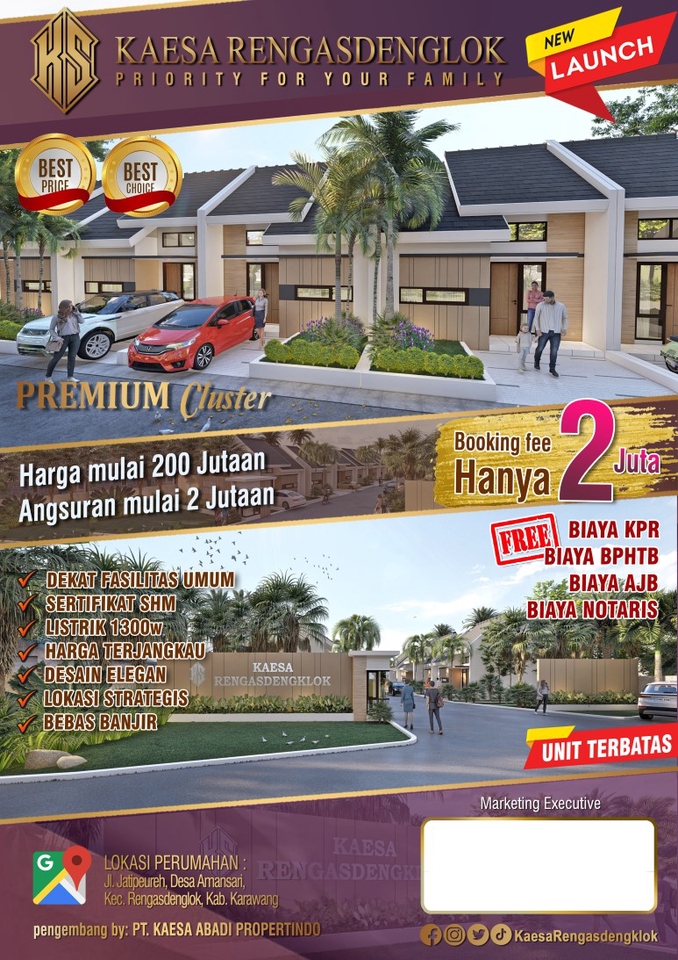 Cluster perumahan premium dengan desain modern dan fasilitas lengkap, harga mulai 200 jutaan dan cicilan mulai 2 jutaan.