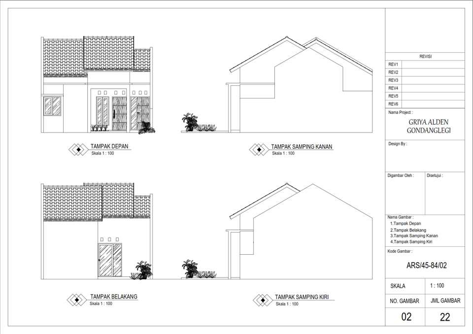 Jasa drafter autocad murah untuk desain rumah modern dengan gambar tampak depan, belakang, samping kanan dan samping kiri.