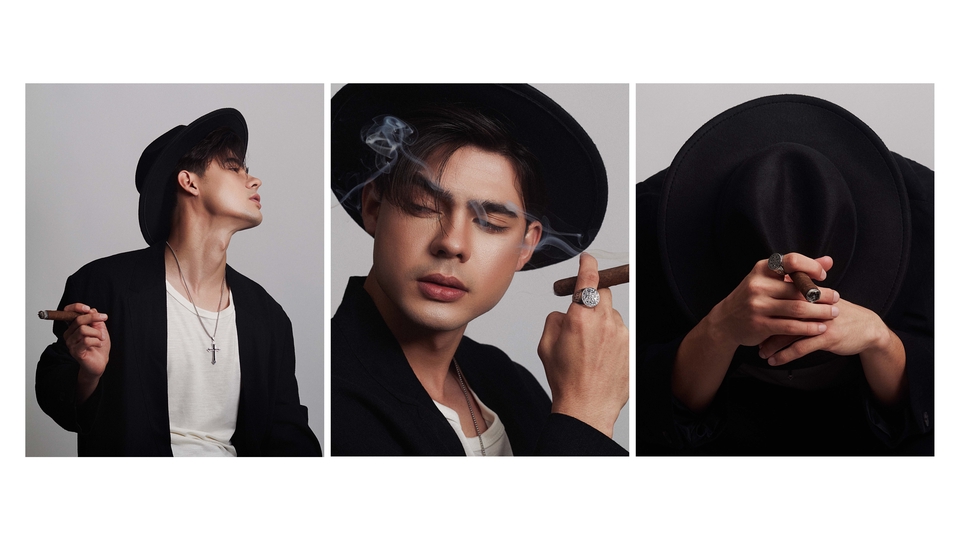 ช่างภาพชายสามคนในชุดแฟชั่นสไตล์เท่  พร้อมอุปกรณ์ถ่ายภาพ