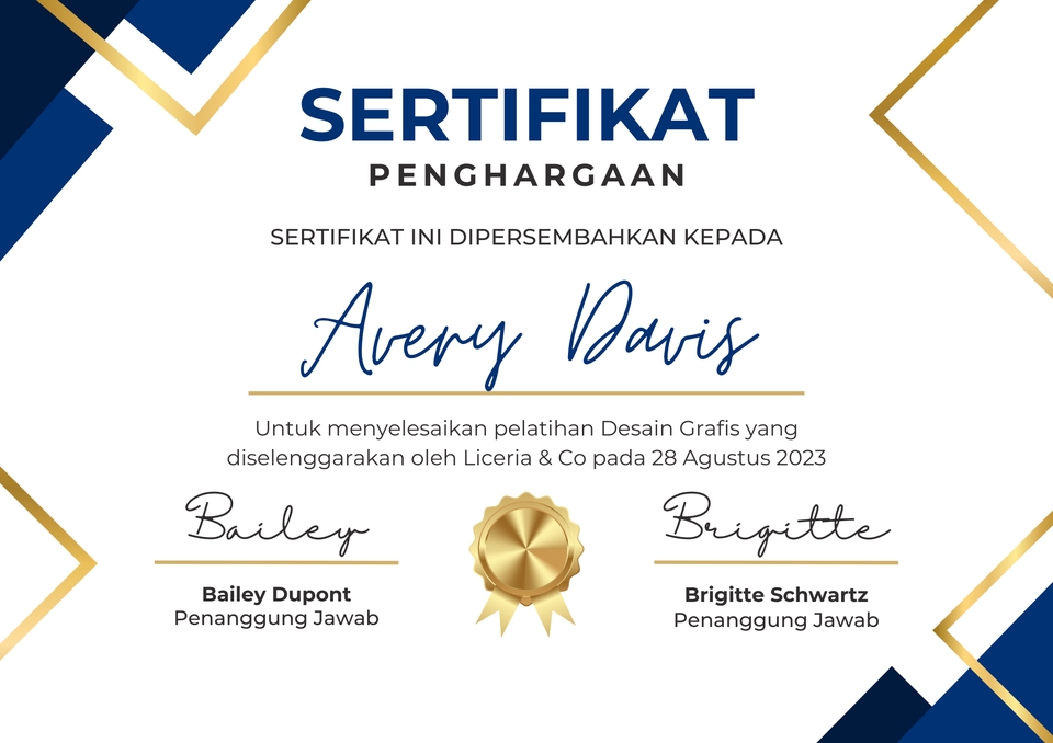 Sertifikat penghargaan untuk Avery Davis untuk pelatihan desain grafis di Liceria & Co pada tanggal 28 Agustus 2023.