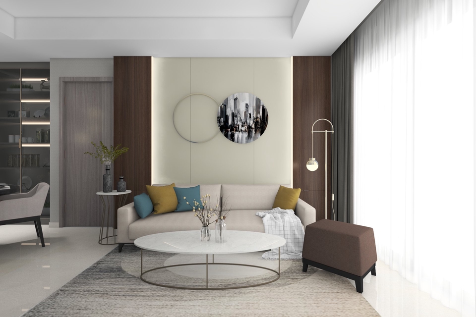 Jasa desain interior rumah minimalis dengan sofa dan meja kopi, rendering 3D interior ruangan dengan desain minimalis modern.