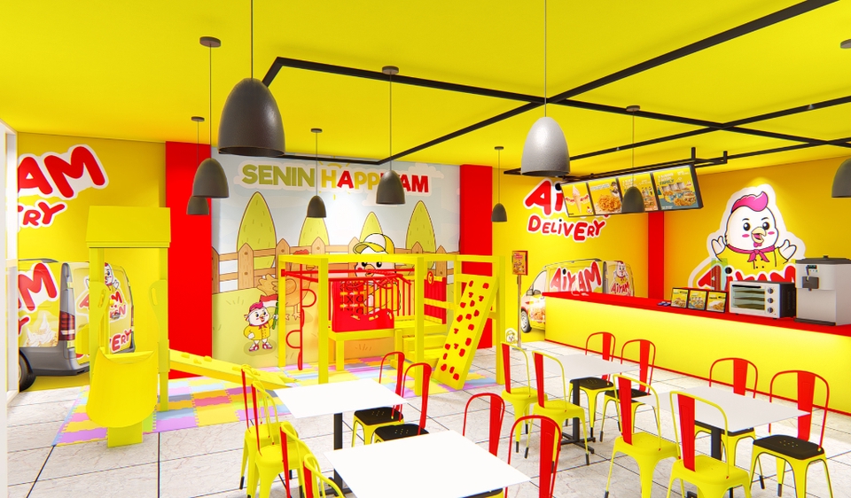 Desain interior cafe minimalis dengan playground untuk anak-anak, jasa desain interior cafe, desain cafe modern.