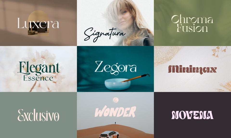 Desain logo dengan berbagai gaya, termasuk Luxera, Signature, Chroma Fusion, Elegant Essence, Zegora, Minimax, Exclusive, Wonder, dan Novena. Cocok untuk bisnis dan branding.