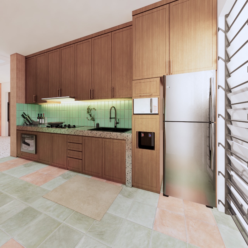 Jasa desain interior rumah minimalis dengan kitchen set modern dan lemari dapur kayu.