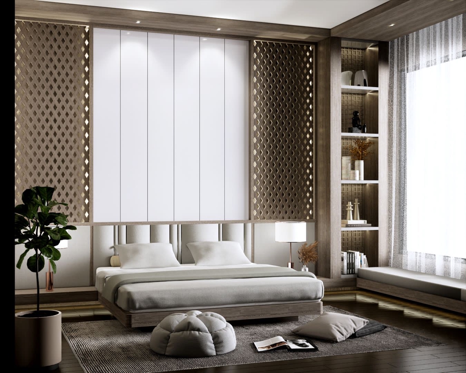 Desain interior kamar tidur minimalis modern dengan jendela besar dan furnitur kayu. Jasa desain interior rumah, jasa arsitek, desain rumah minimalis.