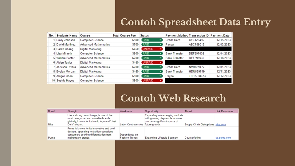 Jasa data entry dan pengumpulan data untuk berbagai kebutuhan, seperti entri data spreadsheet dan web research.