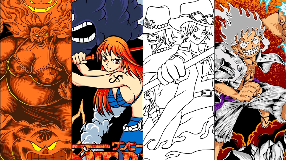 Desain kaos anime dengan karakter wanita berambut merah, karakter pria bertopi, dan karakter pria berambut putih untuk desain kaos distro.