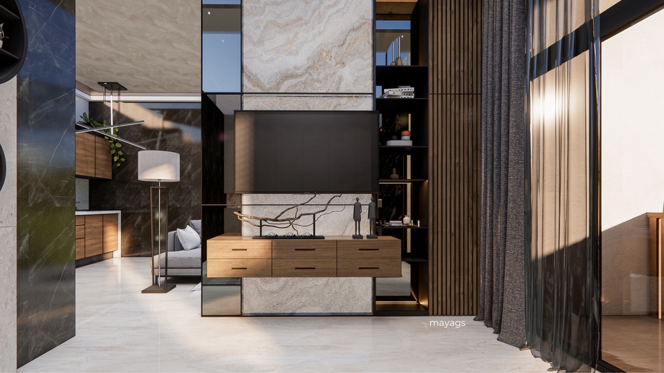 Jasa desain interior 3d untuk ruang tamu minimalis dengan desain modern.