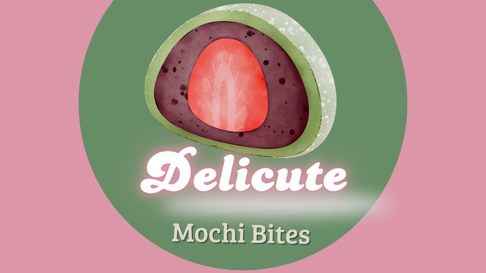 Logo "Delicute Mochi Bites" dengan gambar mochi berisi strawberry, desain logo makanan khas Jepang untuk branding toko makanan online.