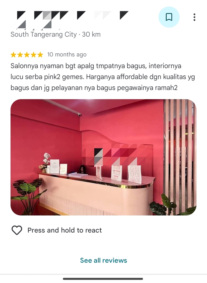 Jasa review google bisnis di South Tangerang City, ulasan positif pelanggan untuk cafe dengan interior pink, bagus, pelayanan ramah, dan harga terjangkau
