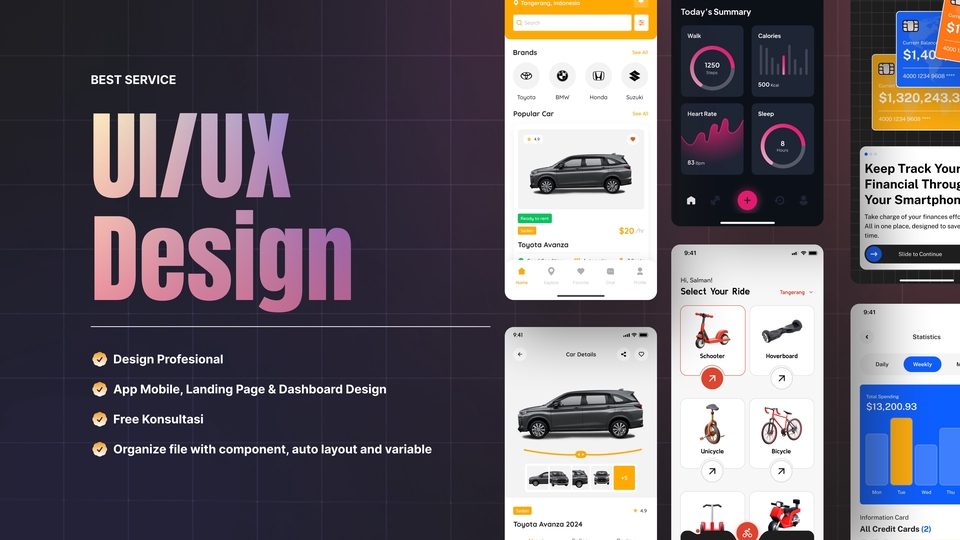 Desain UI UX untuk aplikasi mobile, landing page, dan dashboard, dengan layanan konsultasi dan desain profesional.