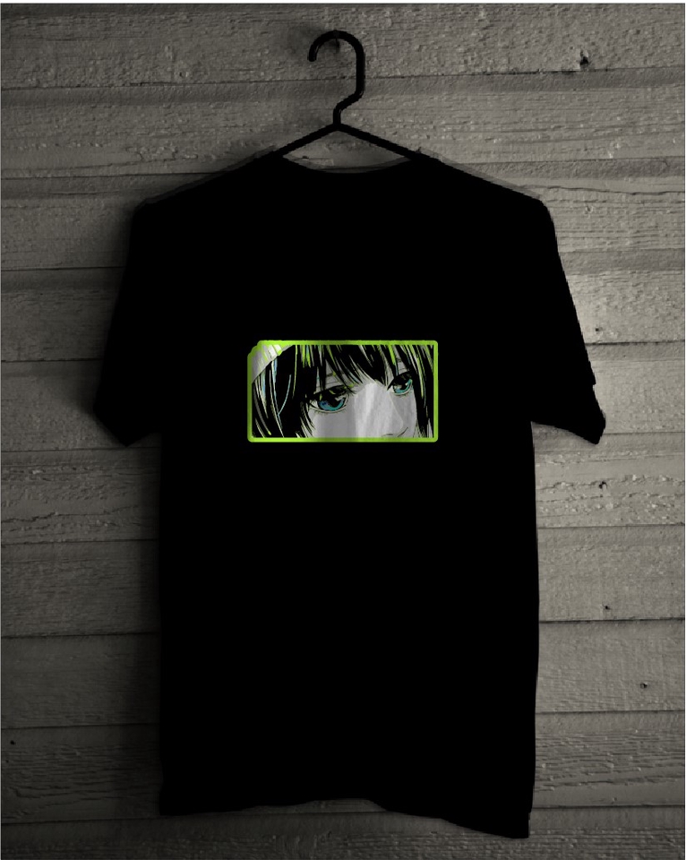 Desain kaos hitam dengan gambar wanita berambut hitam dan mata biru.