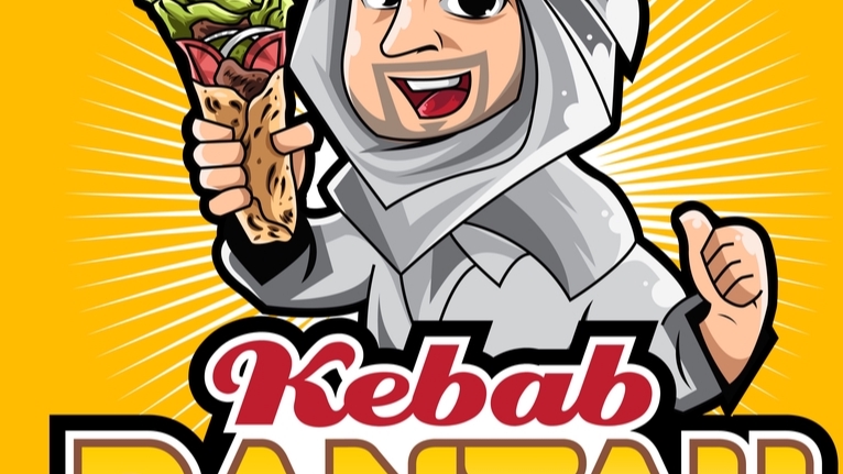 Ilustrasi kartun pria muslim penjual kebab dengan ilustrasi makanan kebab