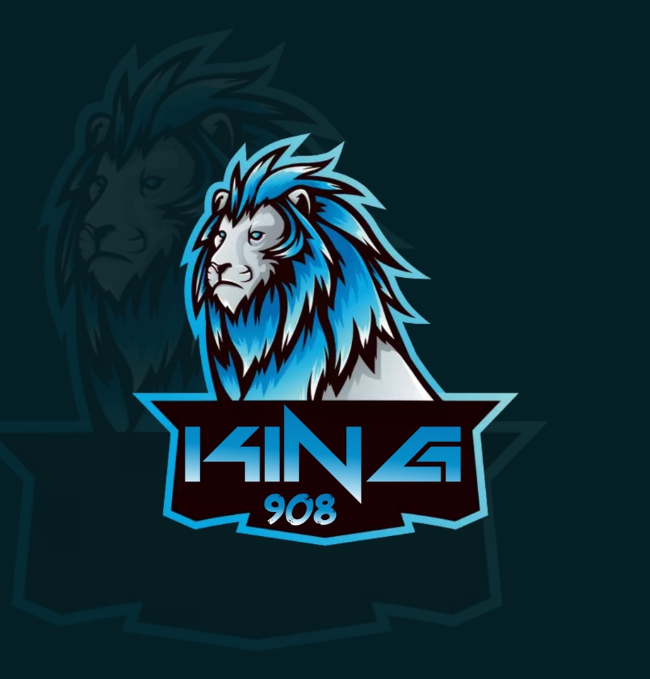 Logo king 908 dengan desain singa biru putih, jasa desain logo online murah dan profesional