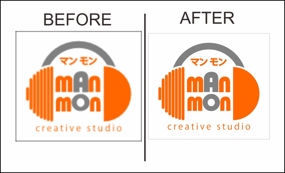 Jasa desain ilustrasi logo "Manmon Creative Studio" dengan ilustrasi headphones dan logo berwarna orange