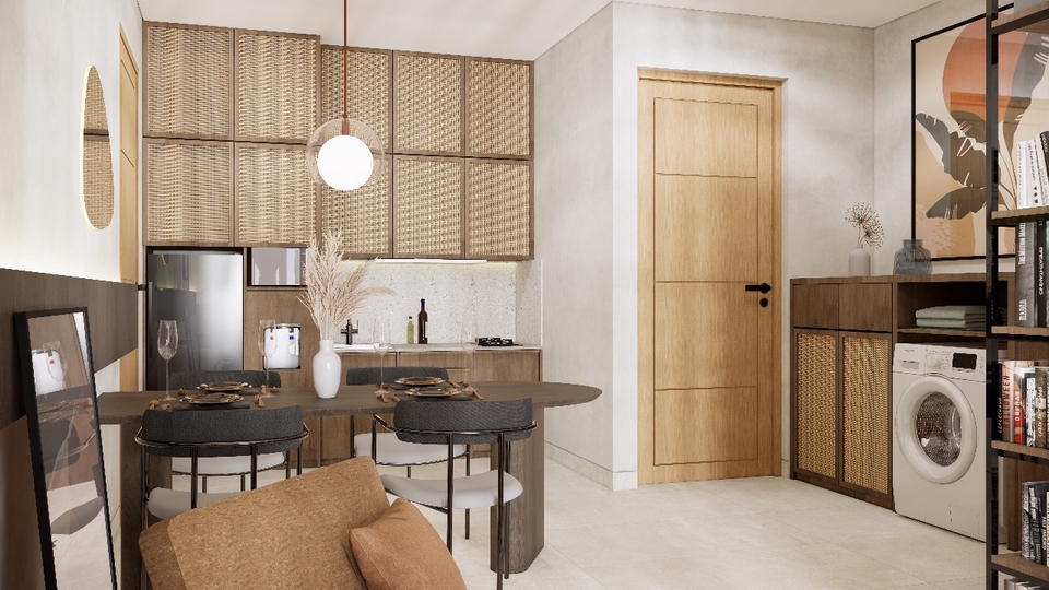 Desain interior ruang makan minimalis modern dengan meja makan kayu dan kursi kayu, cocok untuk jasa desain interior rumah.