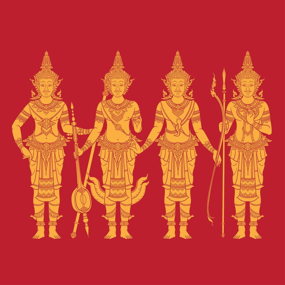รับวาดภาพเทพชุมนุมแบบไทย 4 องค์ วาดภาพประกอบ ศิลปะไทย วาดรูปดิจิตอลเพ้นท์ วาดภาพวัฒนธรรมไทย