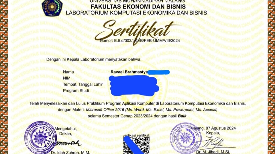 Jasa data entry online - Sertifikat Lulus Praktikum Program Aplikasi Komputer, Microsoft Office 2016, semester genap 2023/2024 dengan hasil baik.