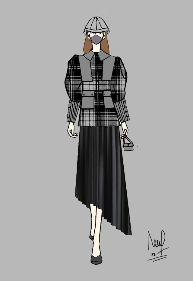 Jasa ilustrasi wanita memakai topi dan masker, dengan baju kotak-kotak dan rok hitam.