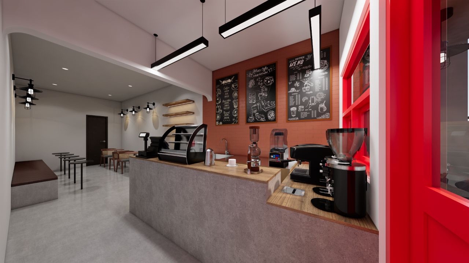 Desain interior cafe minimalis modern dengan detail interior yang lengkap dan peralatan kopi, cocok untuk inspirasi desain cafe Anda.