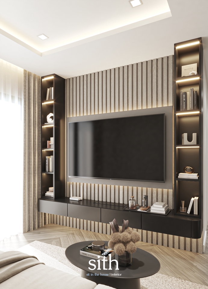 ออกแบบตกแต่งภายในบ้านสวยสไตล์โมเดิร์น ห้องรับแขกพร้อมตู้โชว์ รับสร้างบ้าน รีโนเวทบ้าน