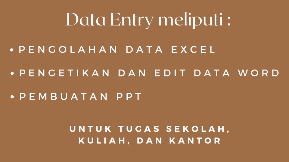 Jasa data entry meliputi pengolahan data excel, pengetikan dan edit data word, pembuatan ppt untuk tugas sekolah, kuliah, dan kantor.