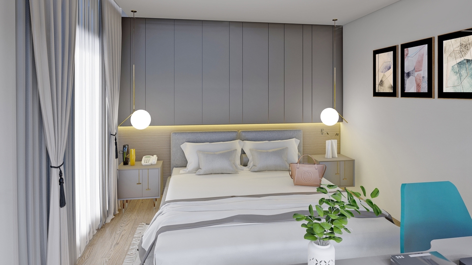 Desain interior kamar tidur minimalis dengan desain dinding dan jendela modern. Jasa desain interior rumah minimalis di Indonesia.