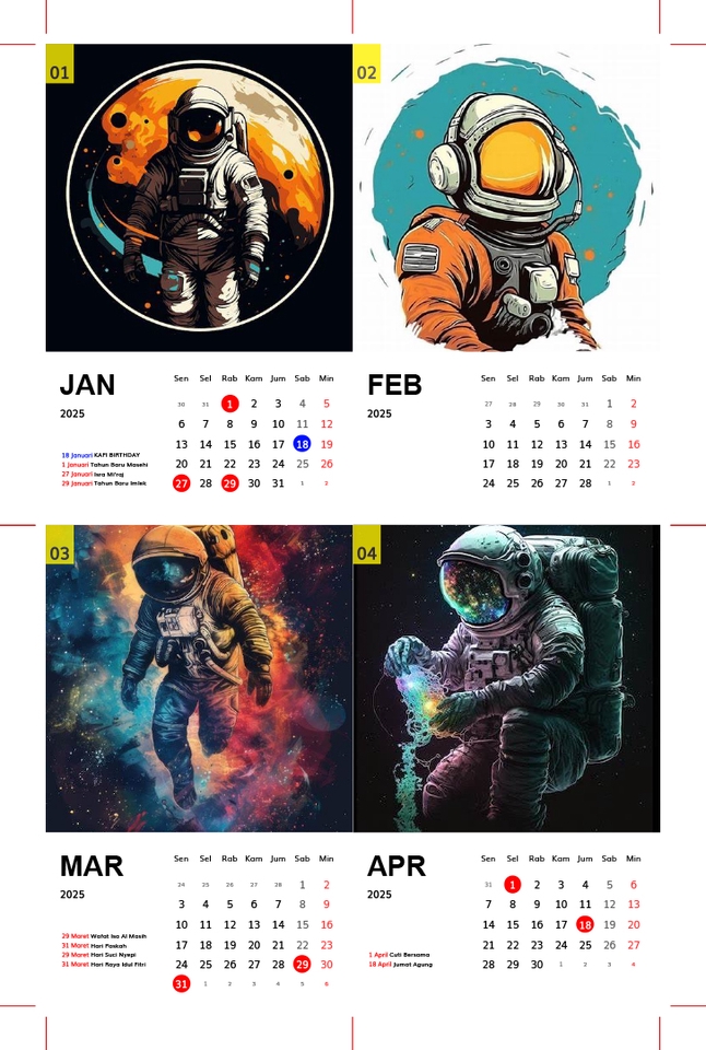 Desain kalender dinding unik dengan tema astronaut dan ilustrasi galaksi, cocok untuk dekorasi rumah atau kantor.