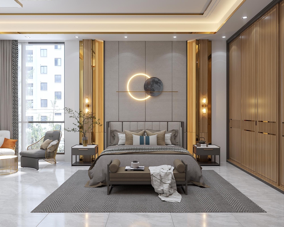 Jasa desain interior 3D untuk kamar tidur minimalis dengan nuansa modern dan elegant.