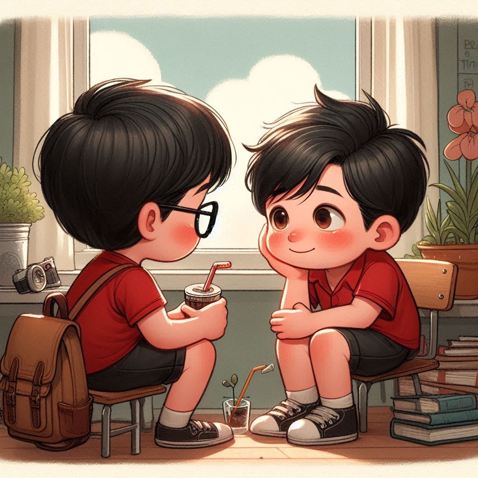 รับวาดรูปการ์ตูน 2 คน เด็กผู้ชายกำลังนั่งดื่มน้ำในขณะที่อีกคนนั่งยิ้มอยู่ข้างๆ