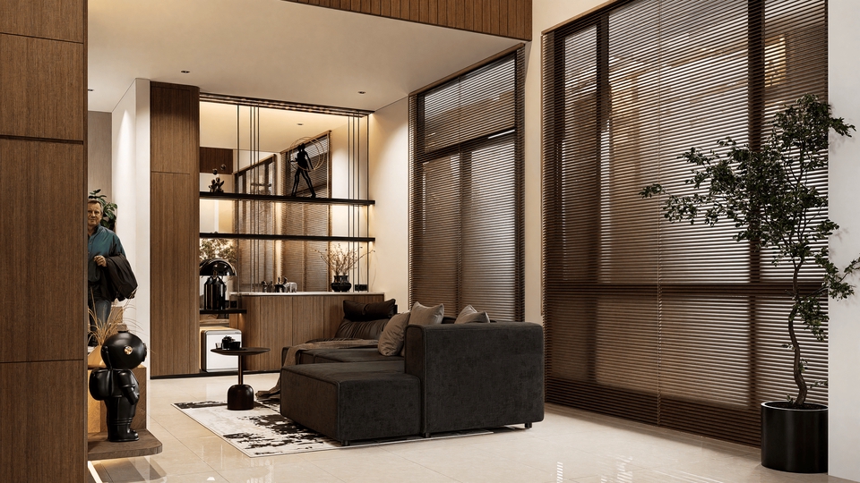 Jasa desain interior rumah minimalis modern dengan desain ruang tamu dan dapur yang elegan.