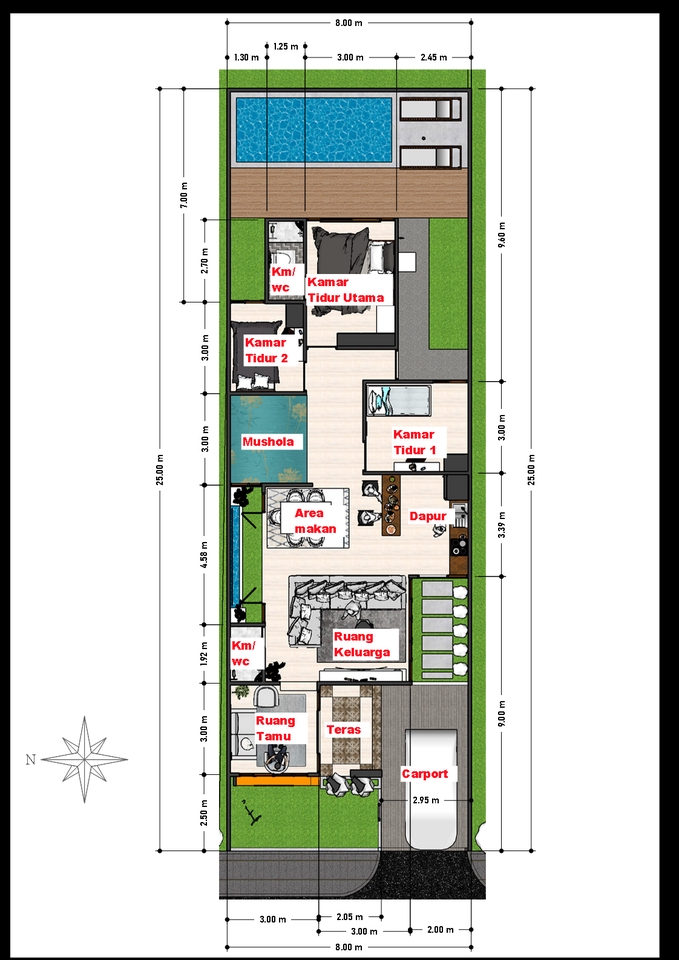 Desain denah rumah minimalis dengan kolam renang dan carport, jasa desain interior rumah minimalis, jasa arsitek rumah