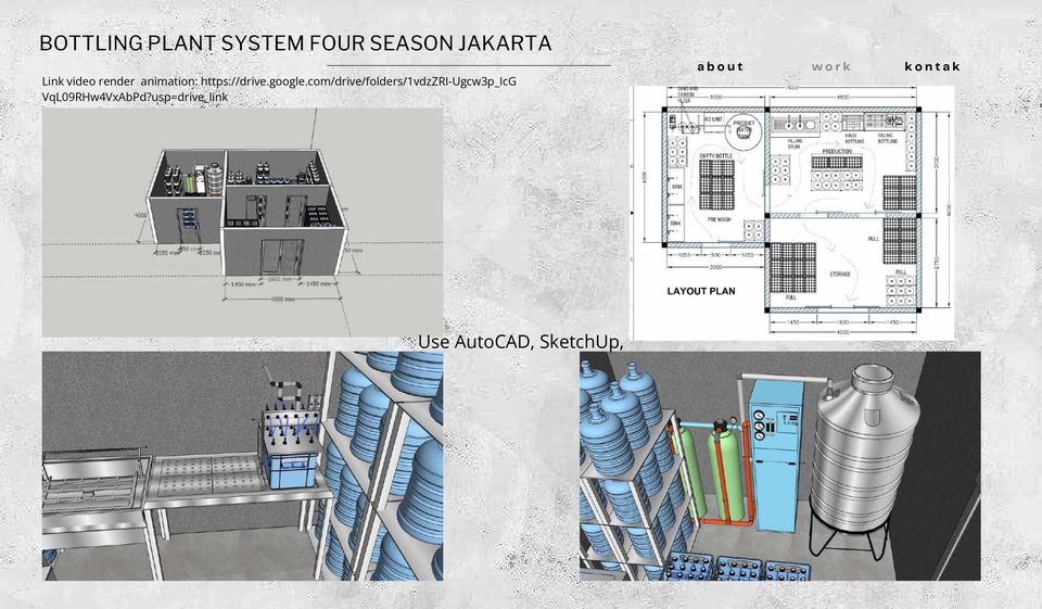 Jasa desain 3D dan rendering untuk pabrik pengolahan air minum dengan desain interior dan exterior yang modern dan minimalis.