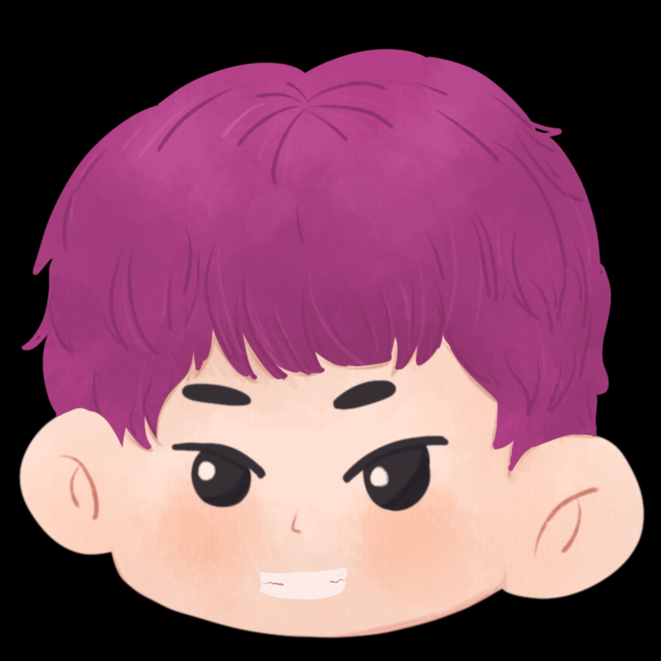 Desain karakter kartun pria berambut ungu dengan ekspresi tersenyum