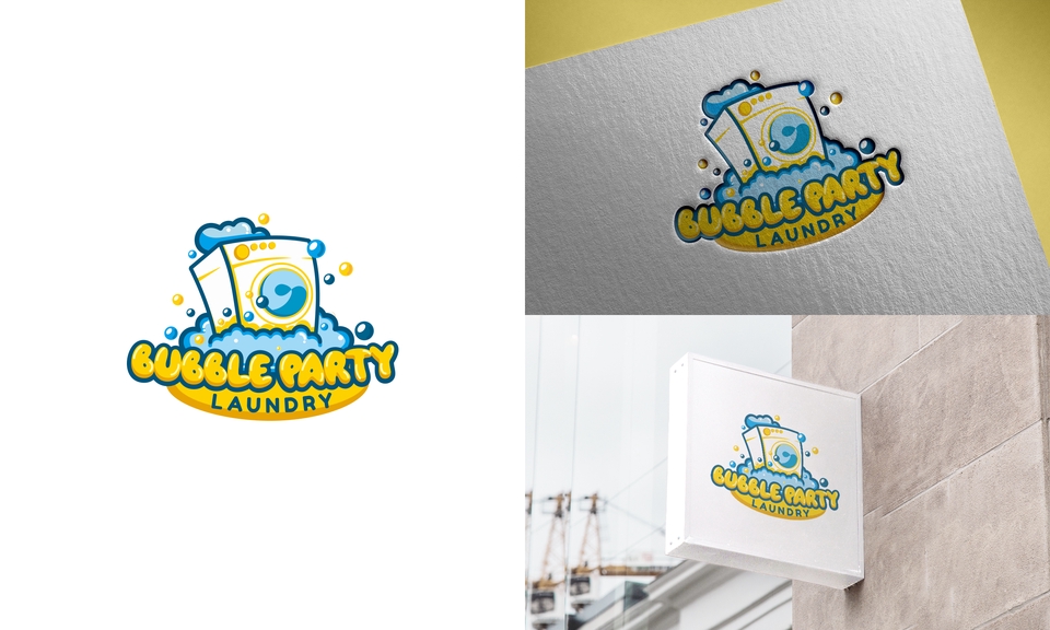 Desain logo laundry dengan konsep bubble party dan gambar mesin cuci