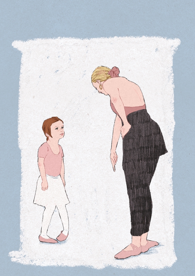 Ilustrasi seorang guru mengajarkan anak perempuan untuk menari balet