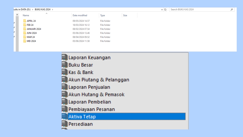 Jasa Pembuatan Laporan Keuangan, Laporan Buku Besar, Kas & Bank, Piutang & Pelanggan, Penjualan, Hutang & Pemasok, Pembelian, Pembiayaan Pesanan, Aset Tetap, Persediaan
