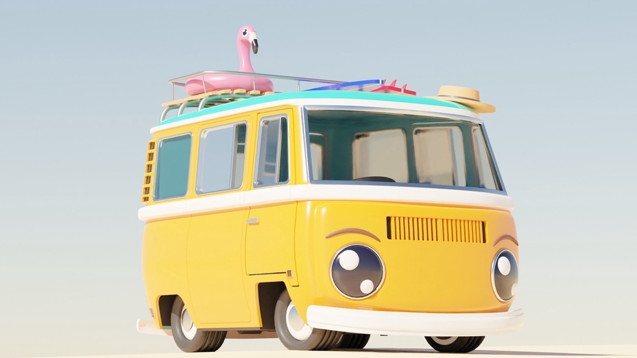 รับทำโมเดล 3d รถตู้สีเหลืองพร้อมตกแต่งรูปปั้นนกฟลามิงโก 3d model