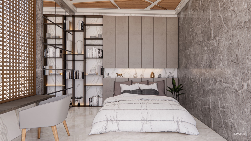 Jasa desain interior ruang tidur minimalis modern dengan rak buku dan jendela kaca