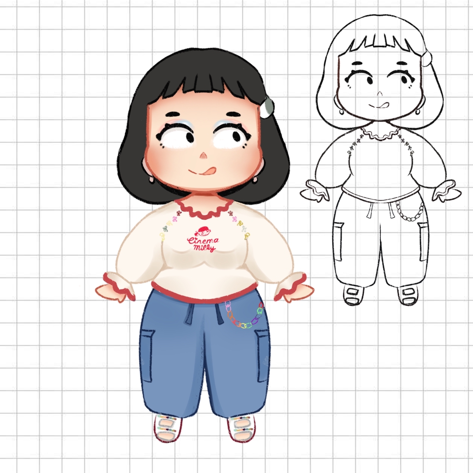 Jasa desain karakter kartun, desain karakter wanita imut dengan baju putih dan celana biru