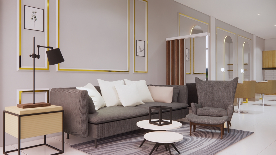 Desain ruang tamu modern dengan sofa dan kursi kayu, cocok untuk jasa desain interior furniture di Indonesia.