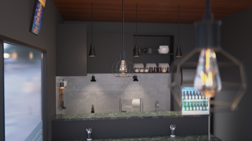 Jasa desain interior cafe minimalis modern untuk ruang makan dengan meja dan kursi kayu.