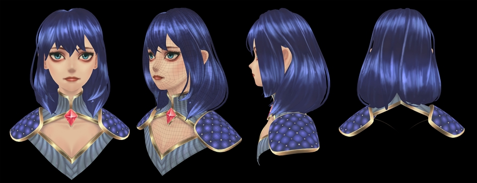 Model 3D wanita dengan rambut biru, pakaian biru dan putih, untuk desain karakter 3d, desain interior, desain arsitektur, desain cafe, desain rumah, desain kantor, desain kios, desain toko, desain stand pameran.